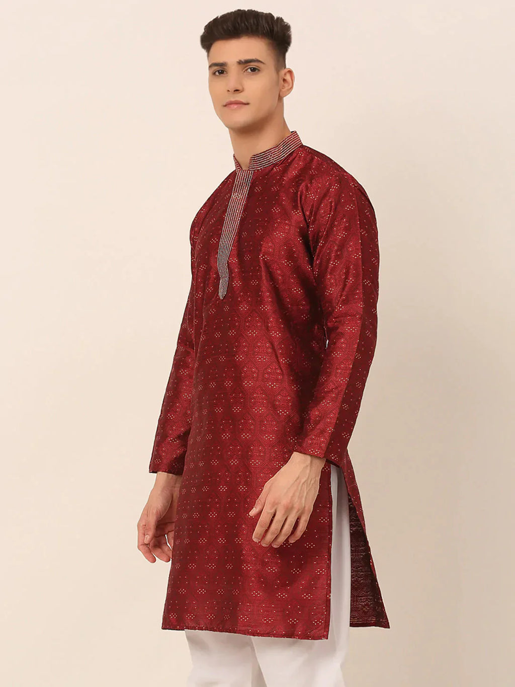 Jompers Men's Silk Blend Collar Embroidered Kurta only - Maroon