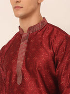 Jompers Men's Silk Blend Collar Embroidered Kurta only - Maroon
