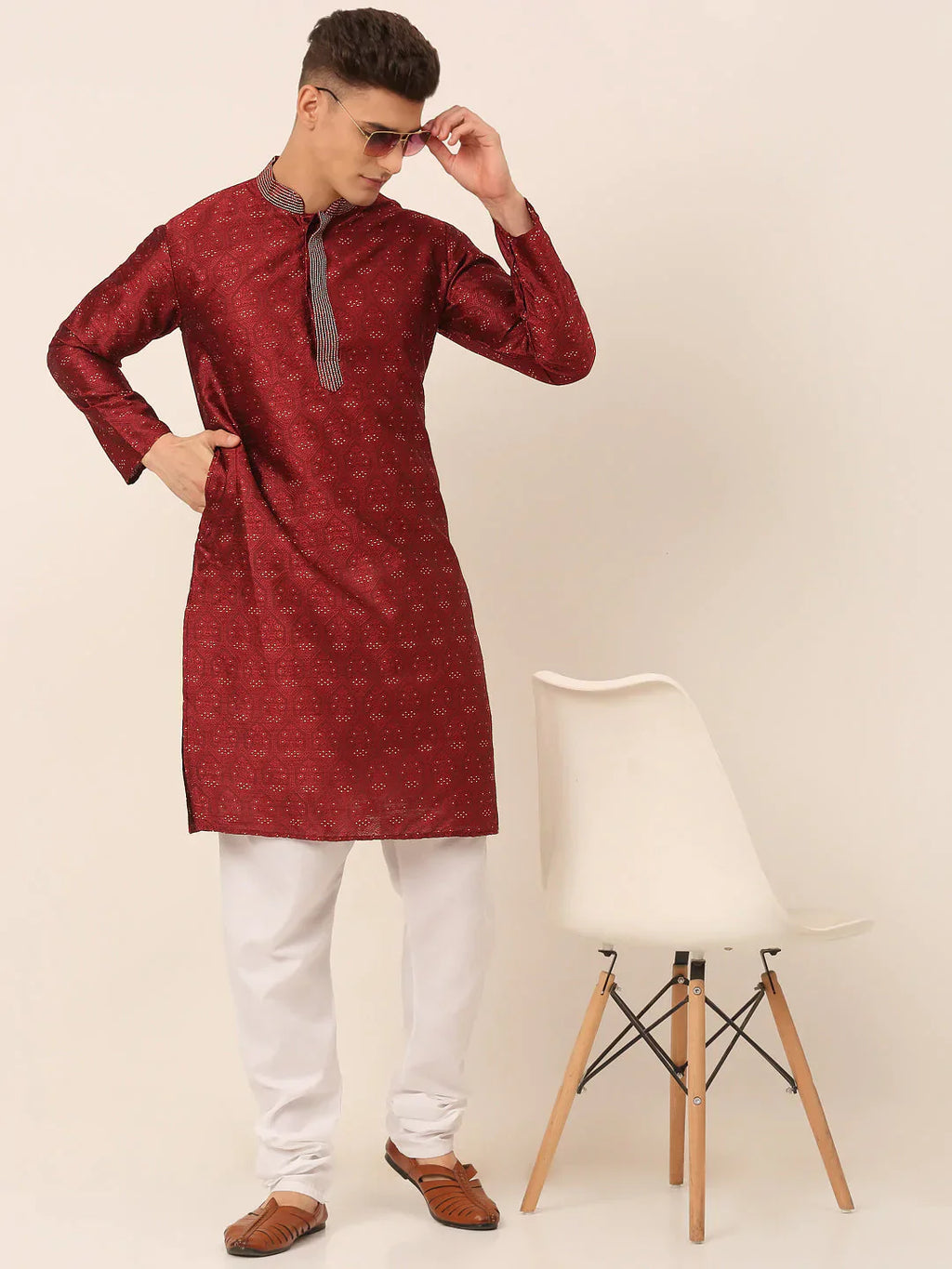 Jompers Men's Silk Blend Collar Embroidered Kurta only - Maroon