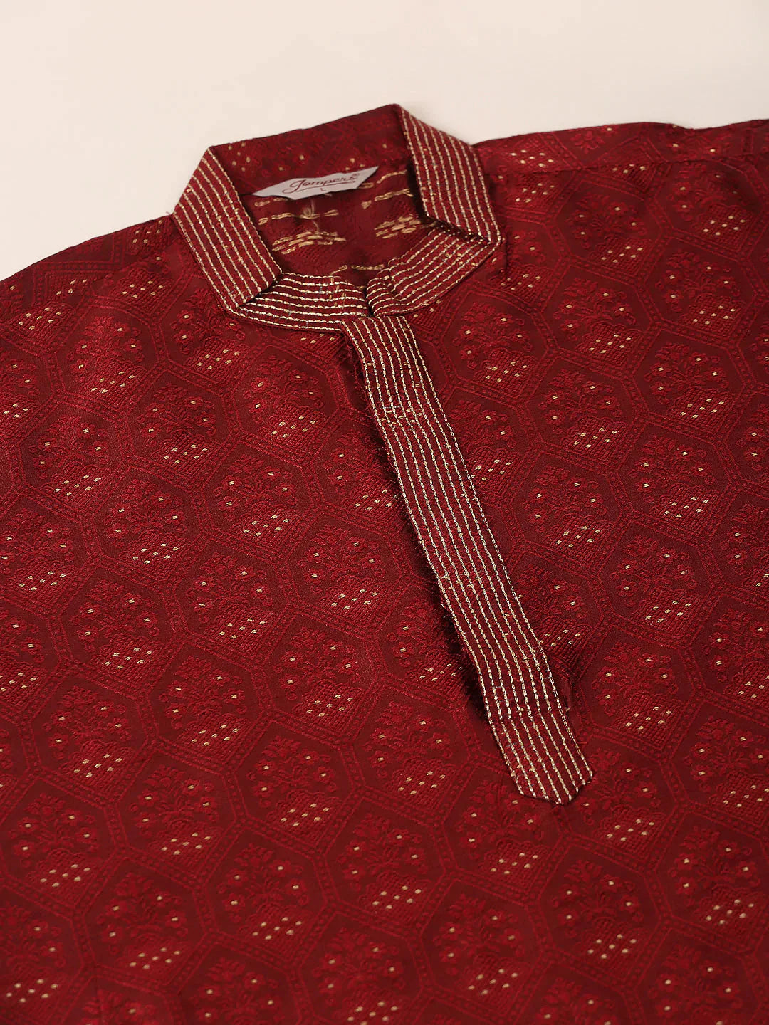 Jompers Men's Silk Blend Collar Embroidered Kurta only - Maroon