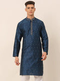 Jompers Men's Silk Blend Collar Embroidered Kurta only - Peacock
