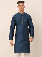 Jompers Men's Silk Blend Collar Embroidered Kurta only - Peacock