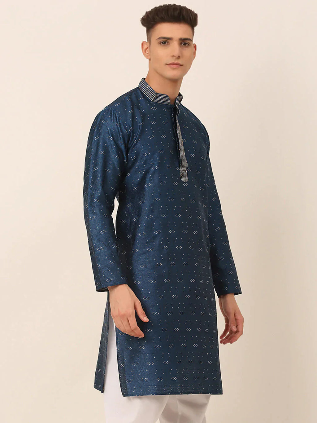 Jompers Men's Silk Blend Collar Embroidered Kurta only - Peacock