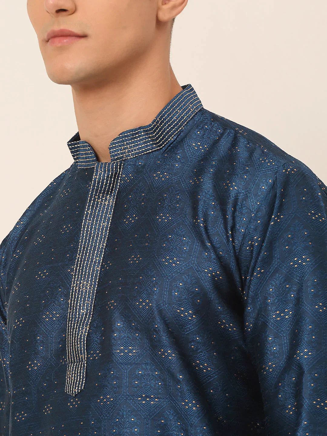 Jompers Men's Silk Blend Collar Embroidered Kurta only - Peacock