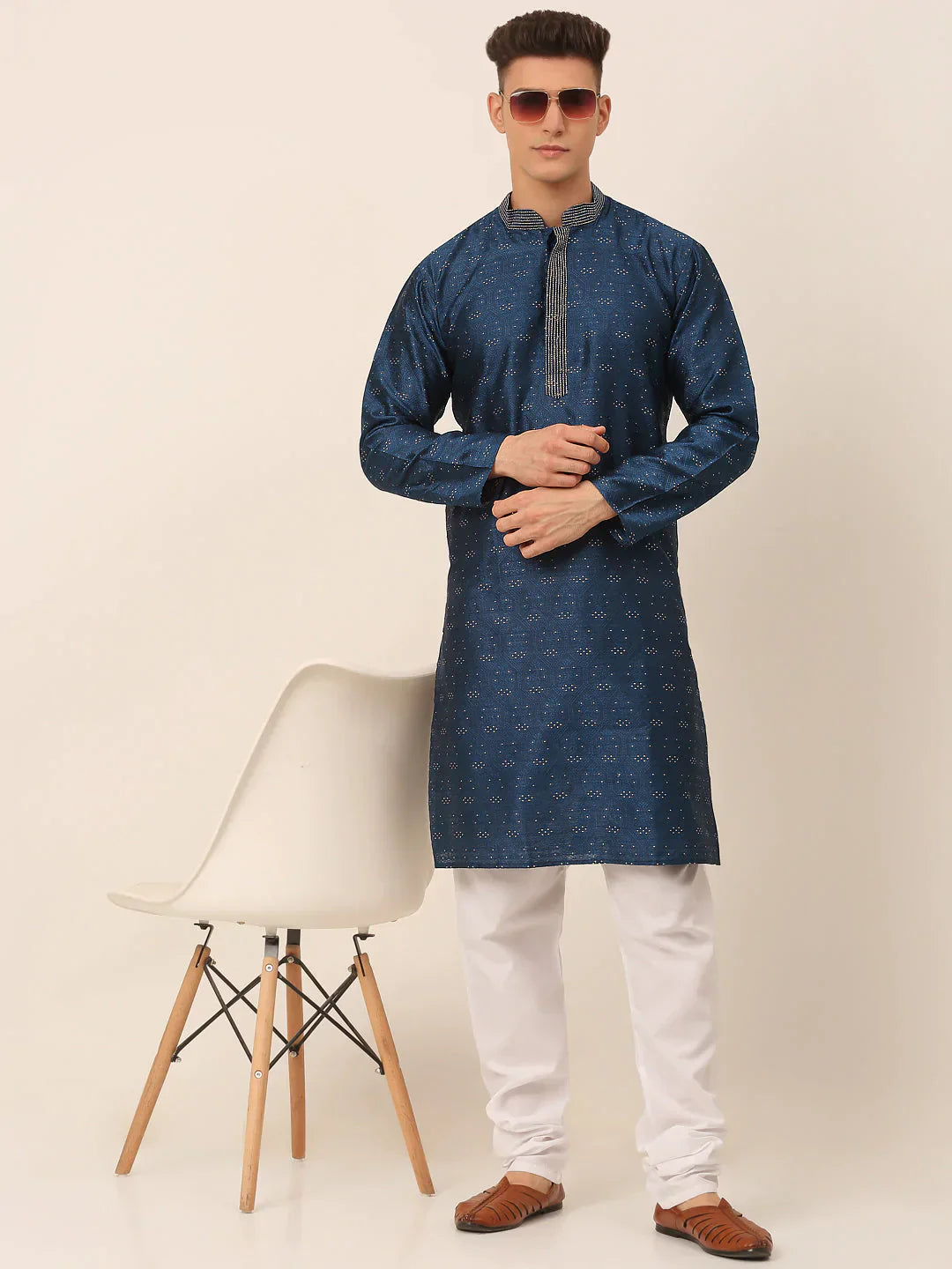Jompers Men's Silk Blend Collar Embroidered Kurta only - Peacock