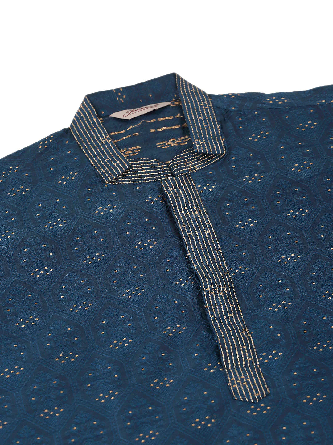 Jompers Men's Silk Blend Collar Embroidered Kurta only - Peacock