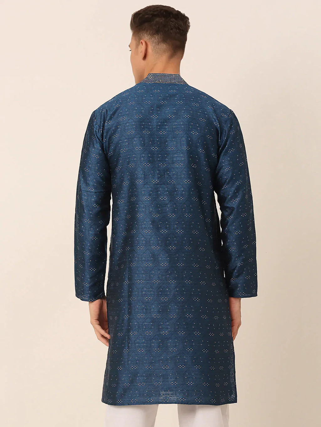 Jompers Men's Silk Blend Collar Embroidered Kurta only - Peacock