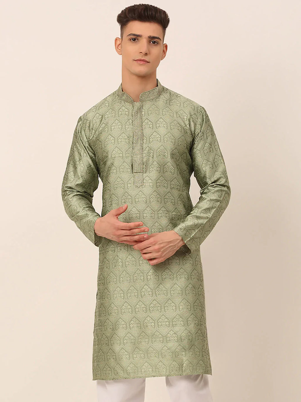 Jompers Men's Silk Blend Collar Embroidered Kurta only - Pista