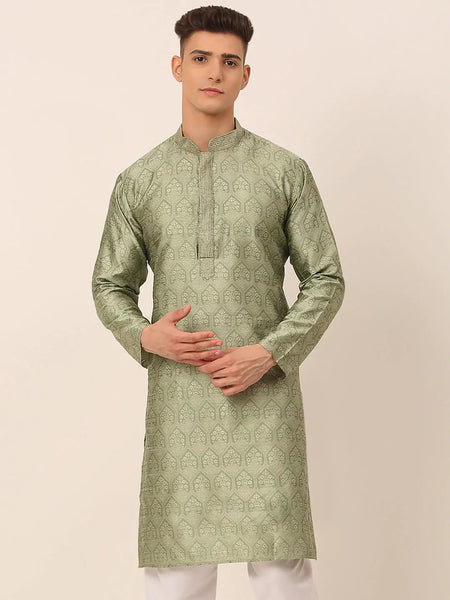 Jompers Men's Silk Blend Collar Embroidered Kurta only - Pista