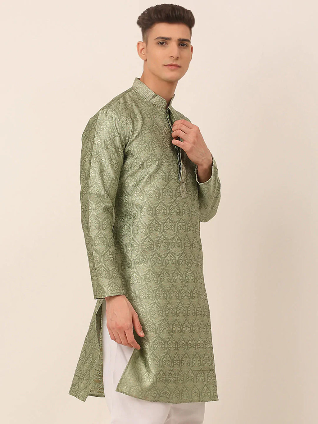 Jompers Men's Silk Blend Collar Embroidered Kurta only - Pista