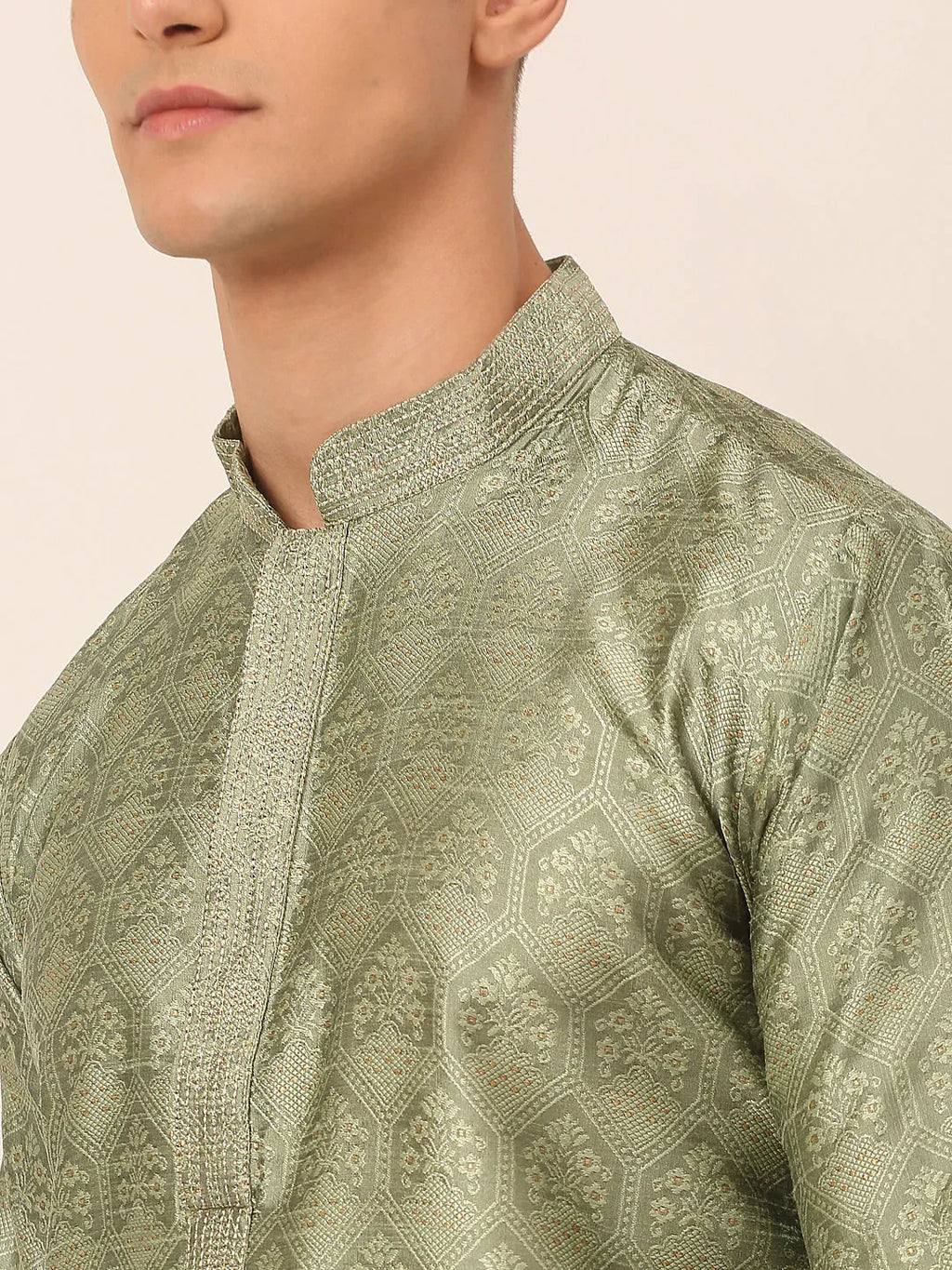 Jompers Men's Silk Blend Collar Embroidered Kurta only - Pista