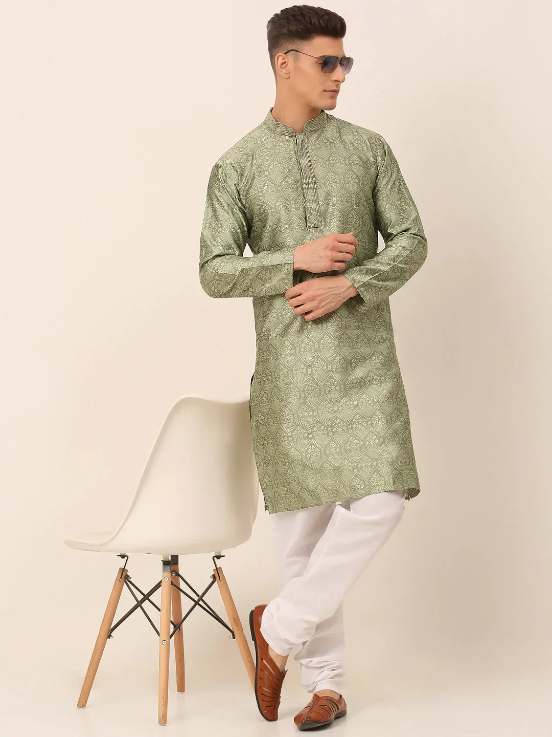 Jompers Men's Silk Blend Collar Embroidered Kurta only - Pista