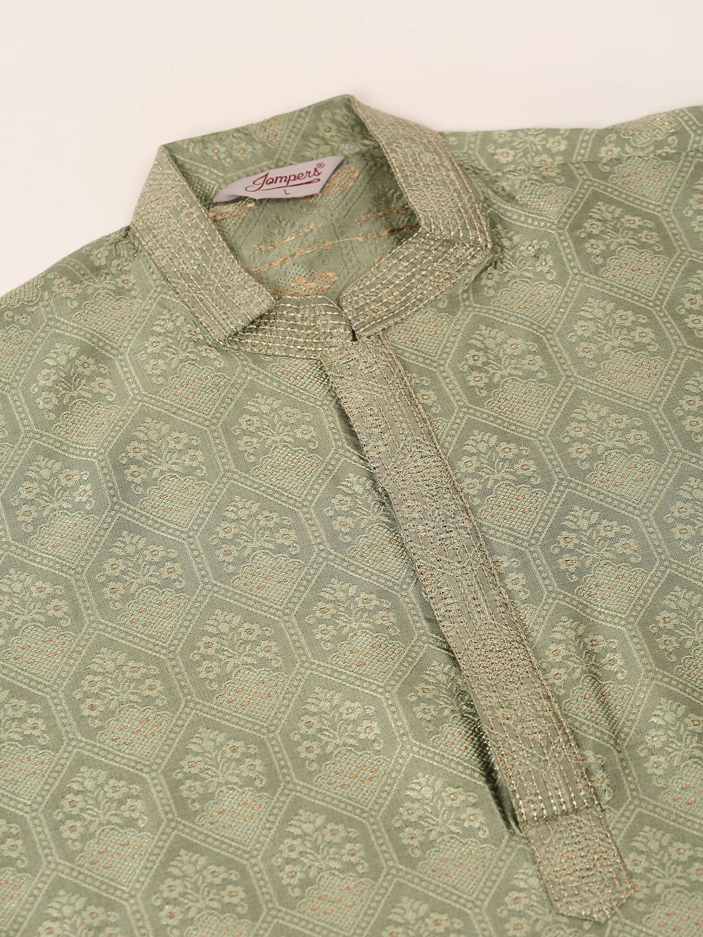 Jompers Men's Silk Blend Collar Embroidered Kurta only - Pista