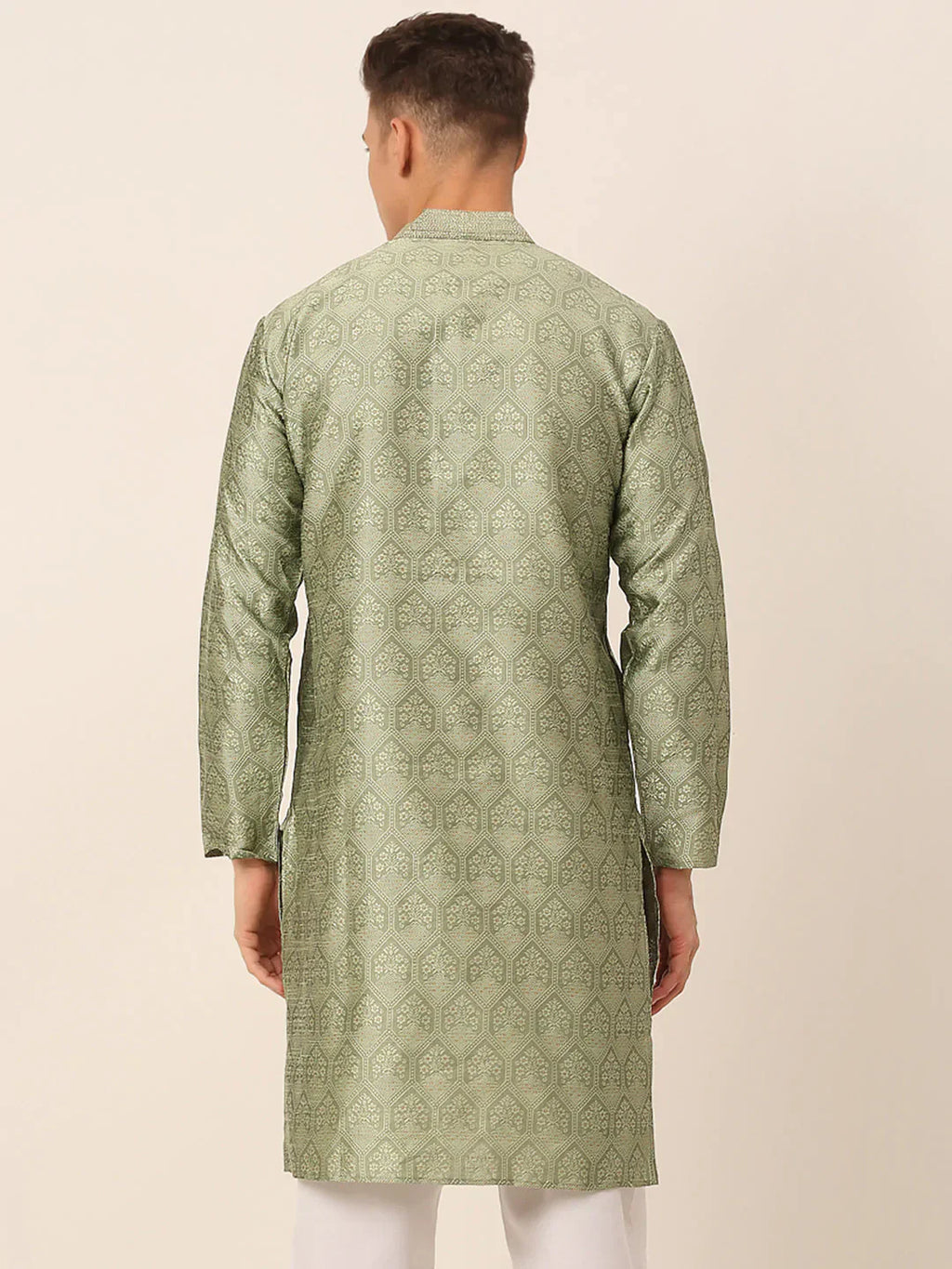 Jompers Men's Silk Blend Collar Embroidered Kurta only - Pista