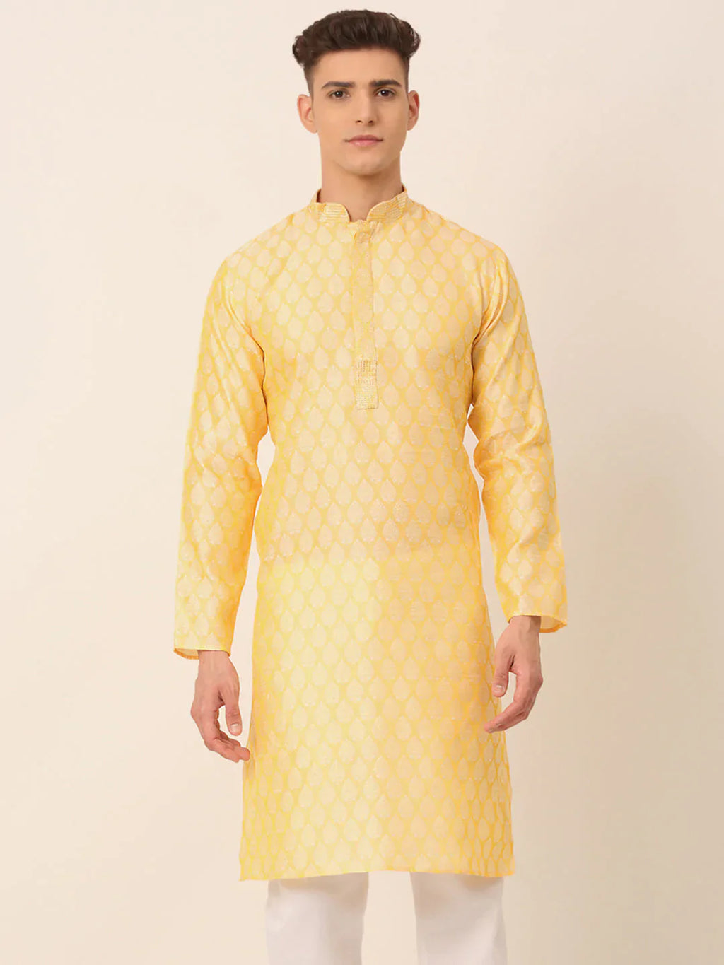 Jompers Men's Silk Blend Collar Embroidered Kurta only - Golden