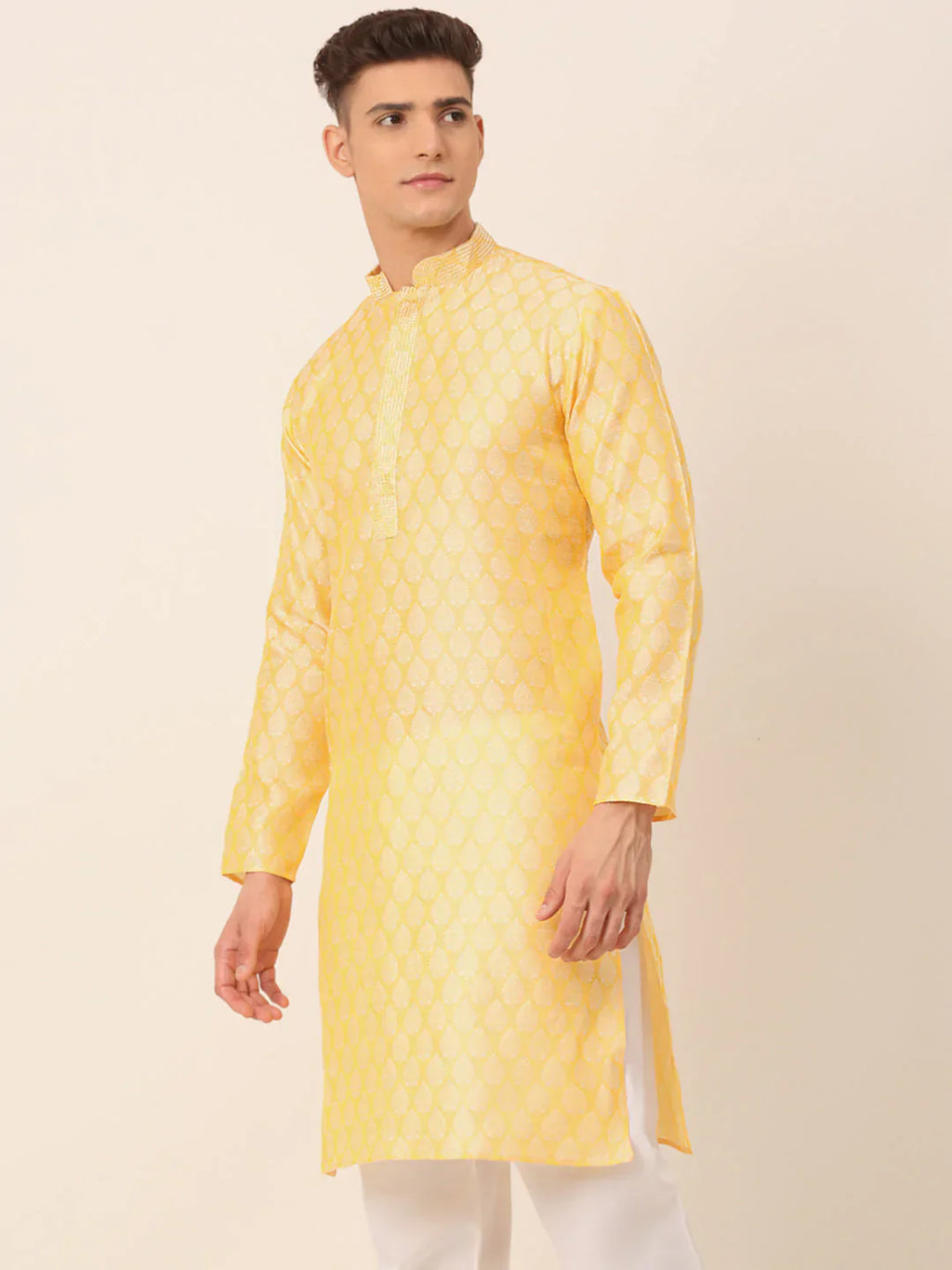 Jompers Men's Silk Blend Collar Embroidered Kurta only - Golden