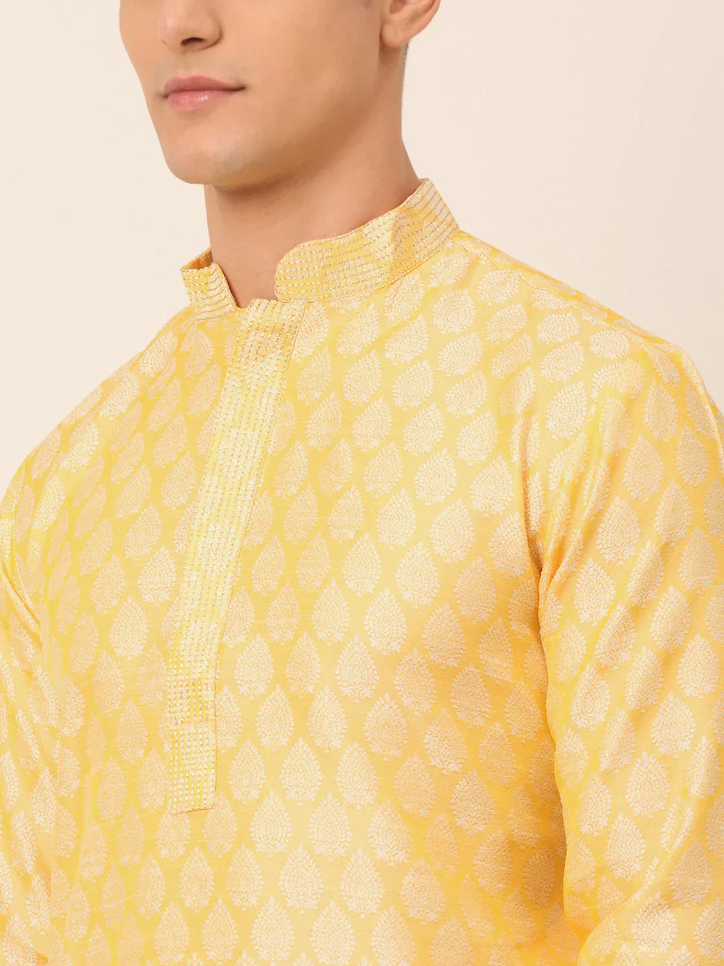 Jompers Men's Silk Blend Collar Embroidered Kurta only - Golden