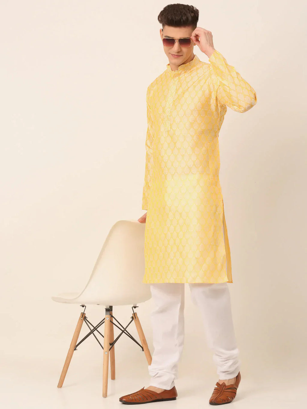 Jompers Men's Silk Blend Collar Embroidered Kurta only - Golden