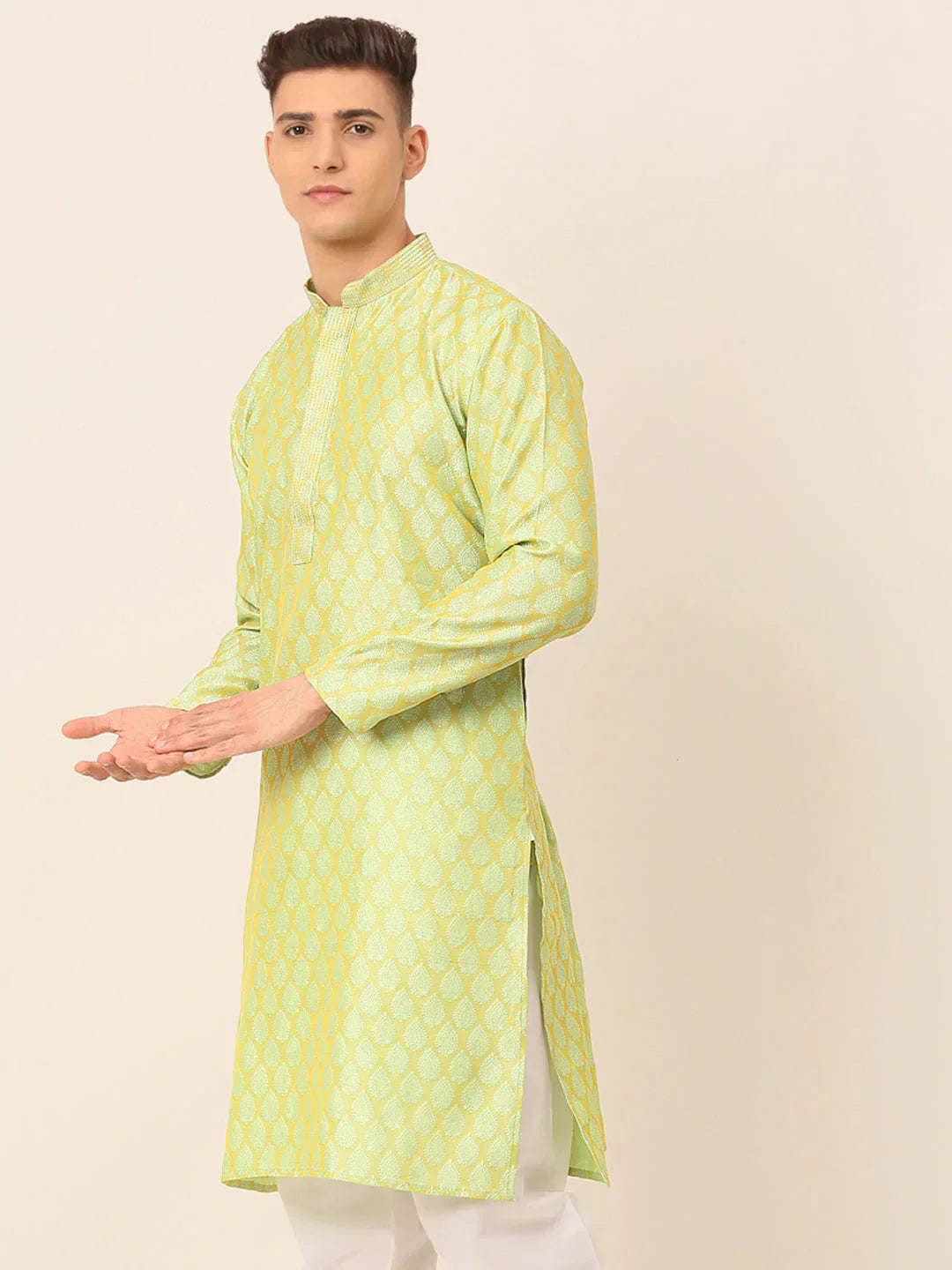 Jompers Men's Silk Blend Collar Embroidered Kurta only - Green