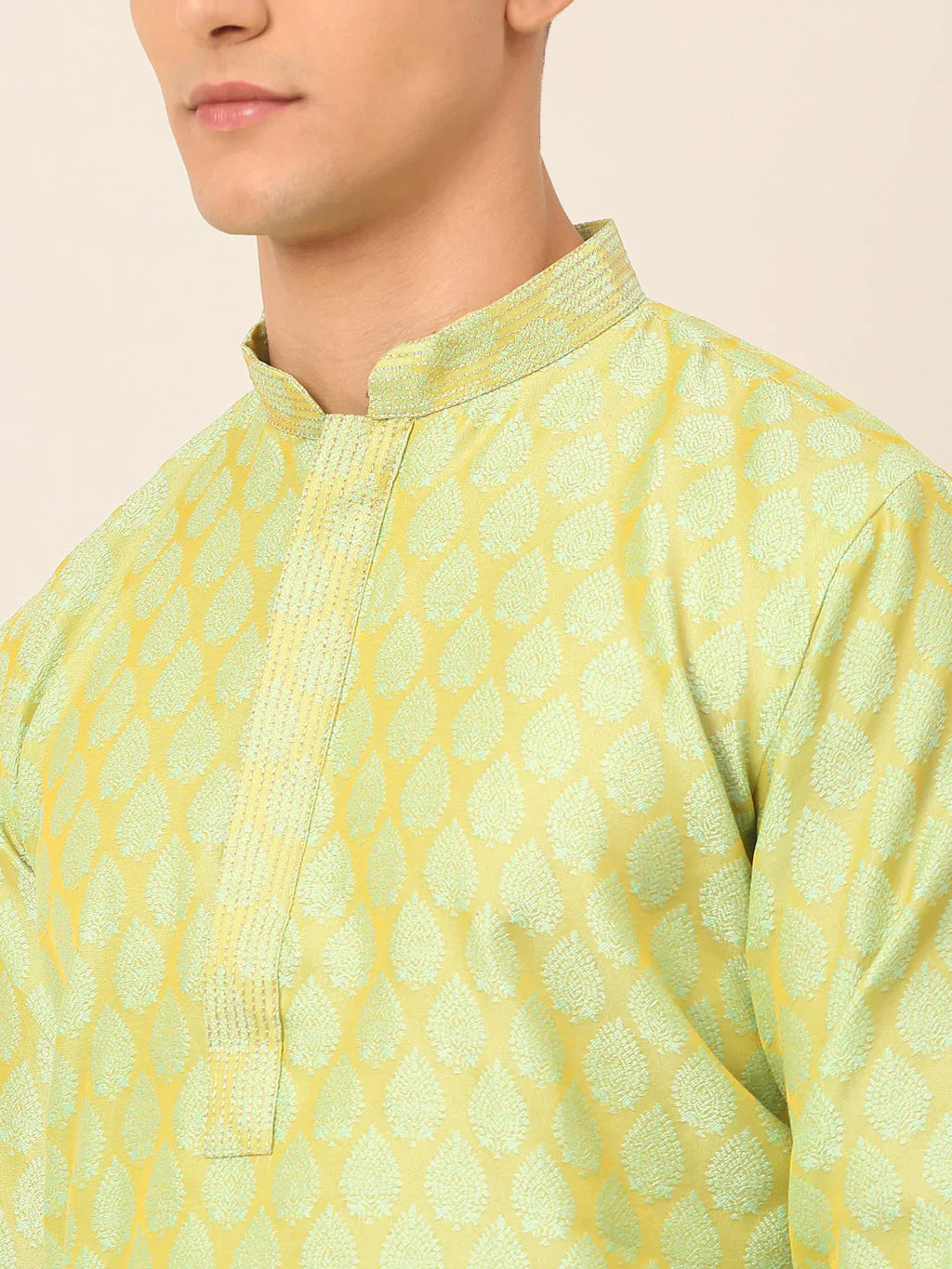 Jompers Men's Silk Blend Collar Embroidered Kurta only - Green