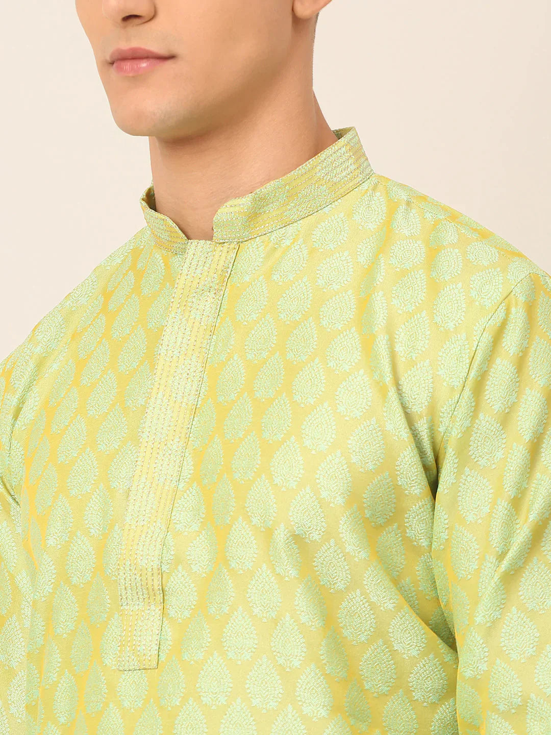 Jompers Men's Silk Blend Collar Embroidered Kurta only - Green