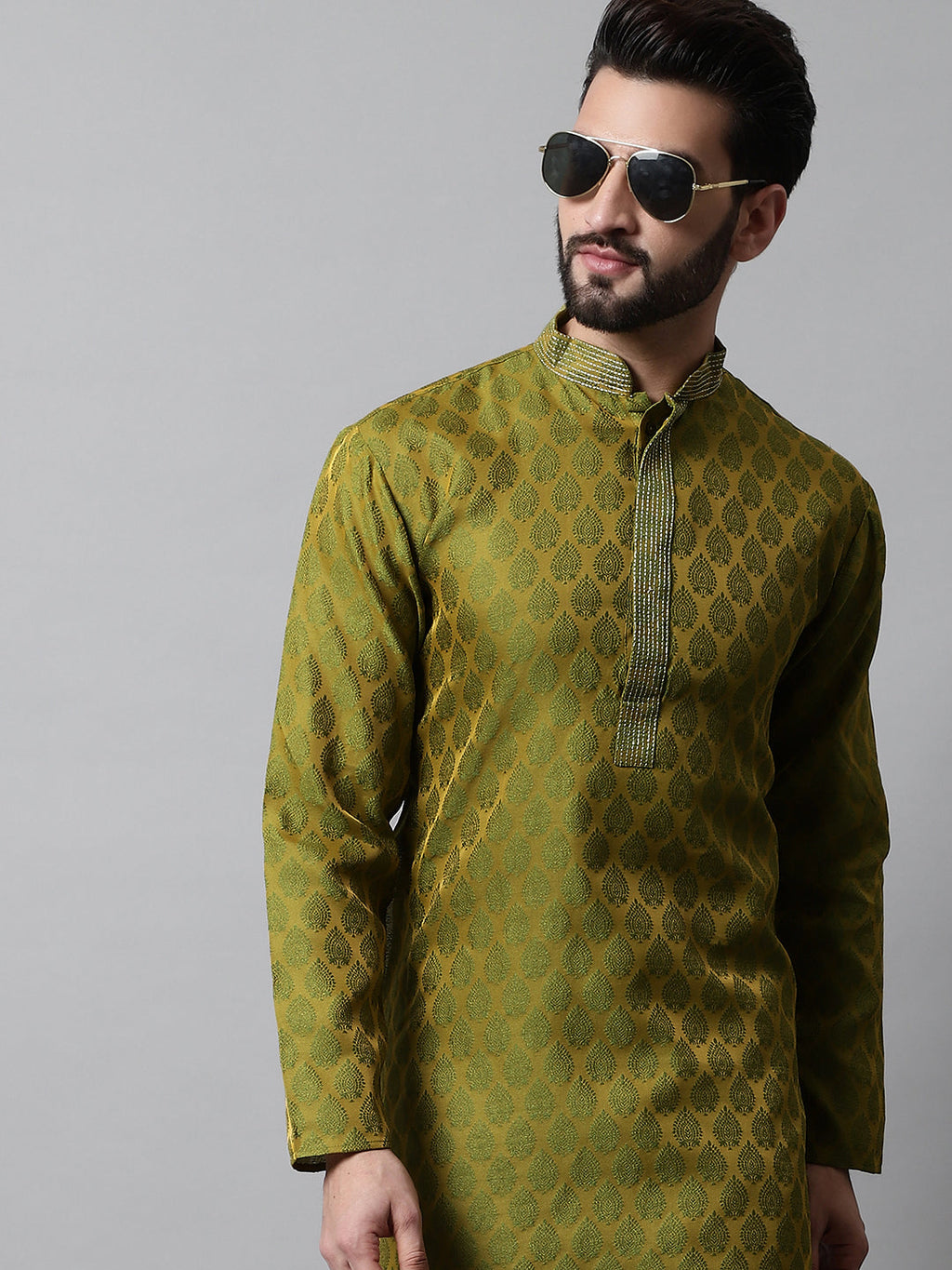 Jompers Men's Olive Green and White Woven Design Kurta