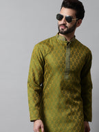Jompers Men's Olive Green and White Woven Design Kurta