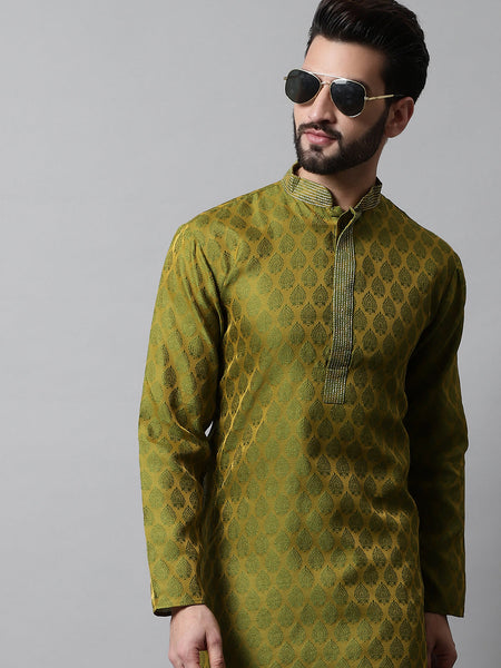 Jompers Men's Olive Green and White Woven Design Kurta