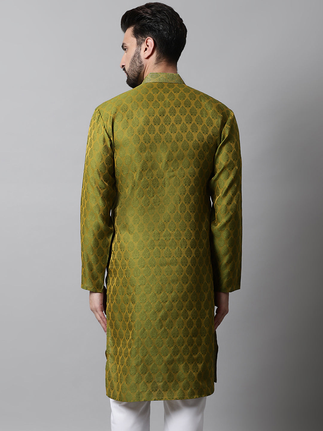 Jompers Men's Olive Green and White Woven Design Kurta