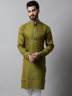 Jompers Men's Olive Green and White Woven Design Kurta