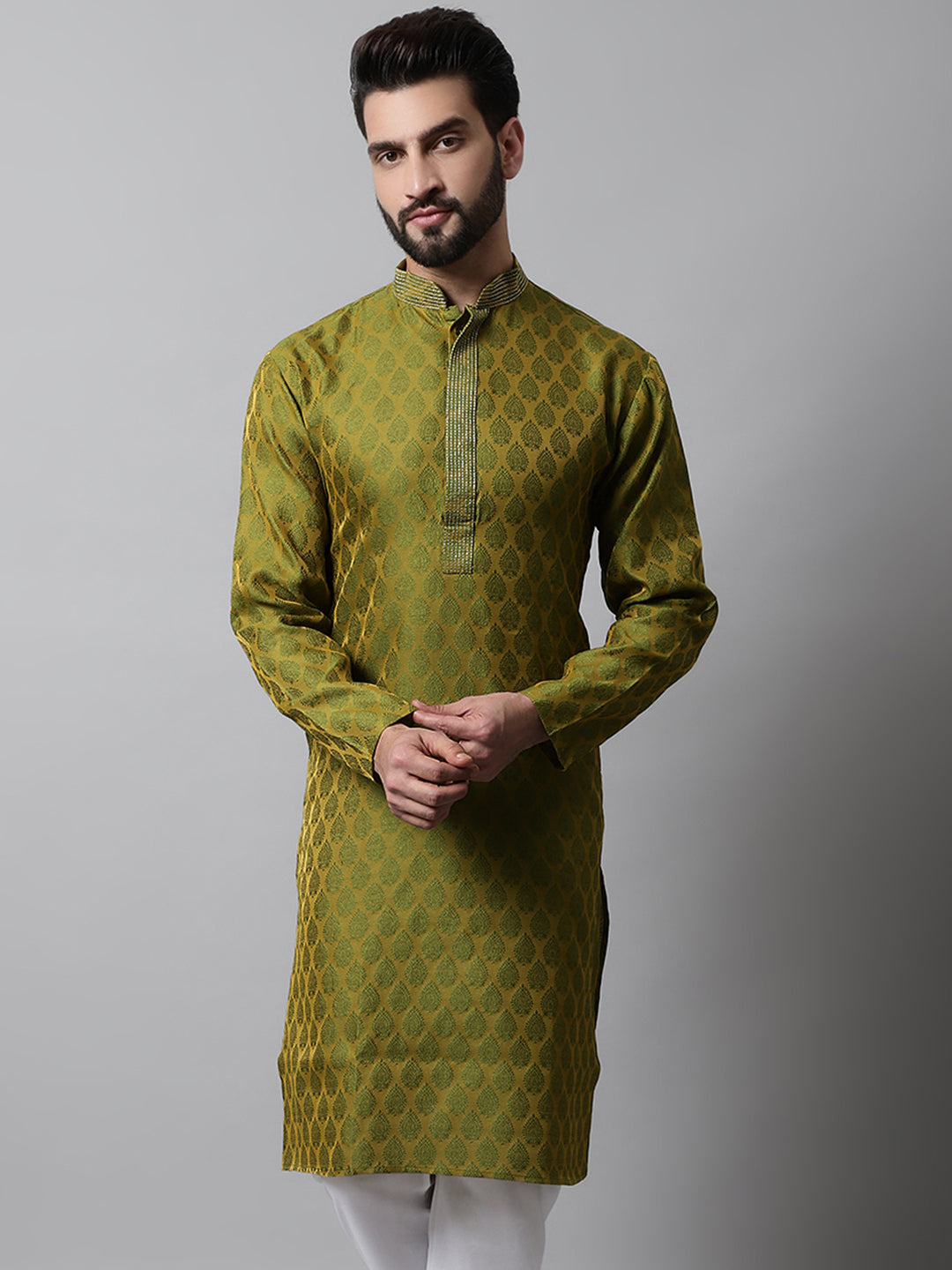 Jompers Men's Olive Green and White Woven Design Kurta