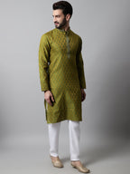 Jompers Men's Olive Green and White Woven Design Kurta