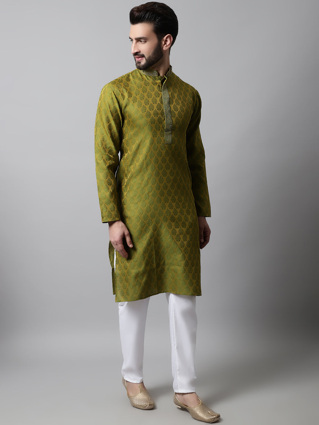 Jompers Men's Olive Green and White Woven Design Kurta