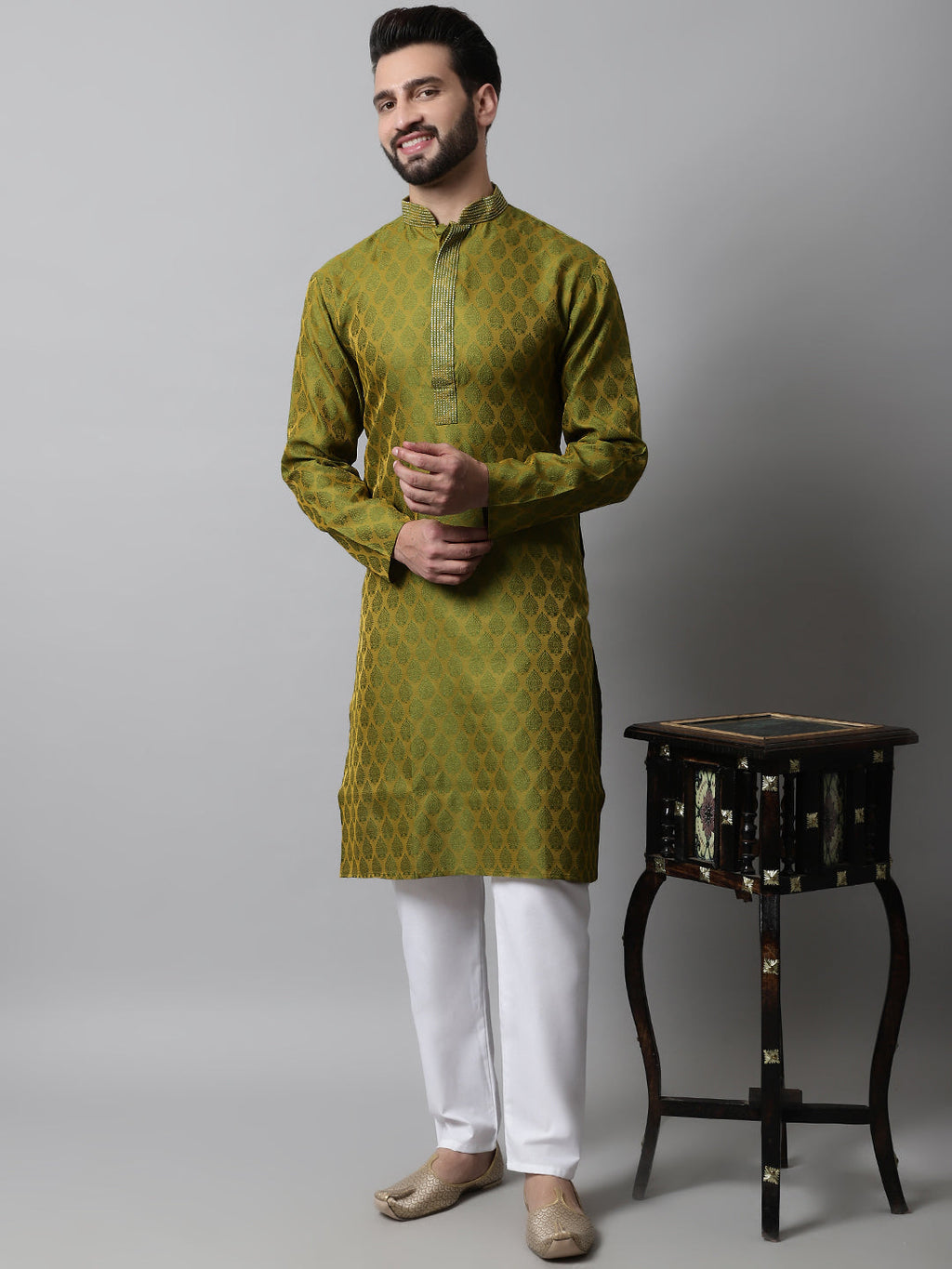 Jompers Men's Olive Green and White Woven Design Kurta
