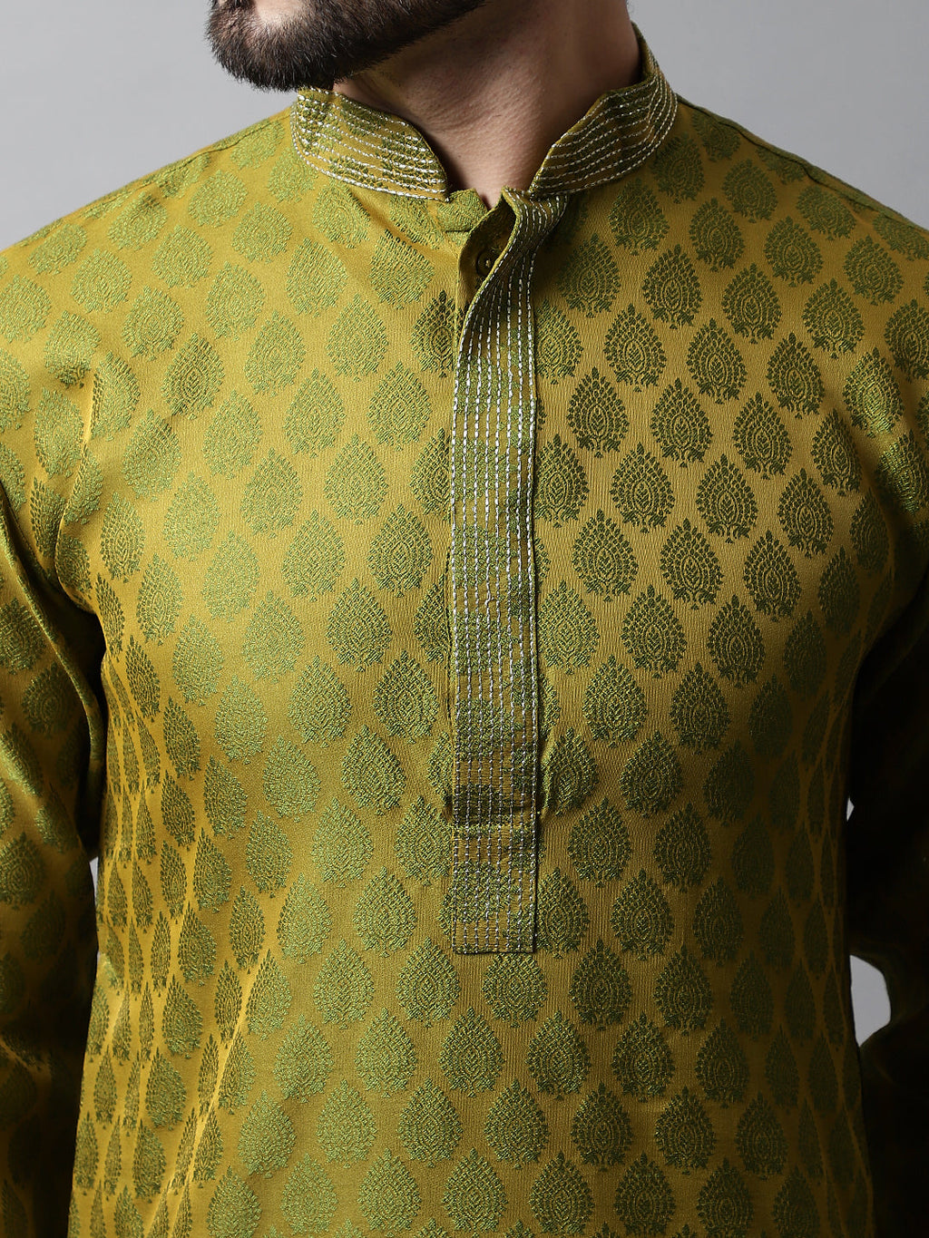 Jompers Men's Olive Green and White Woven Design Kurta