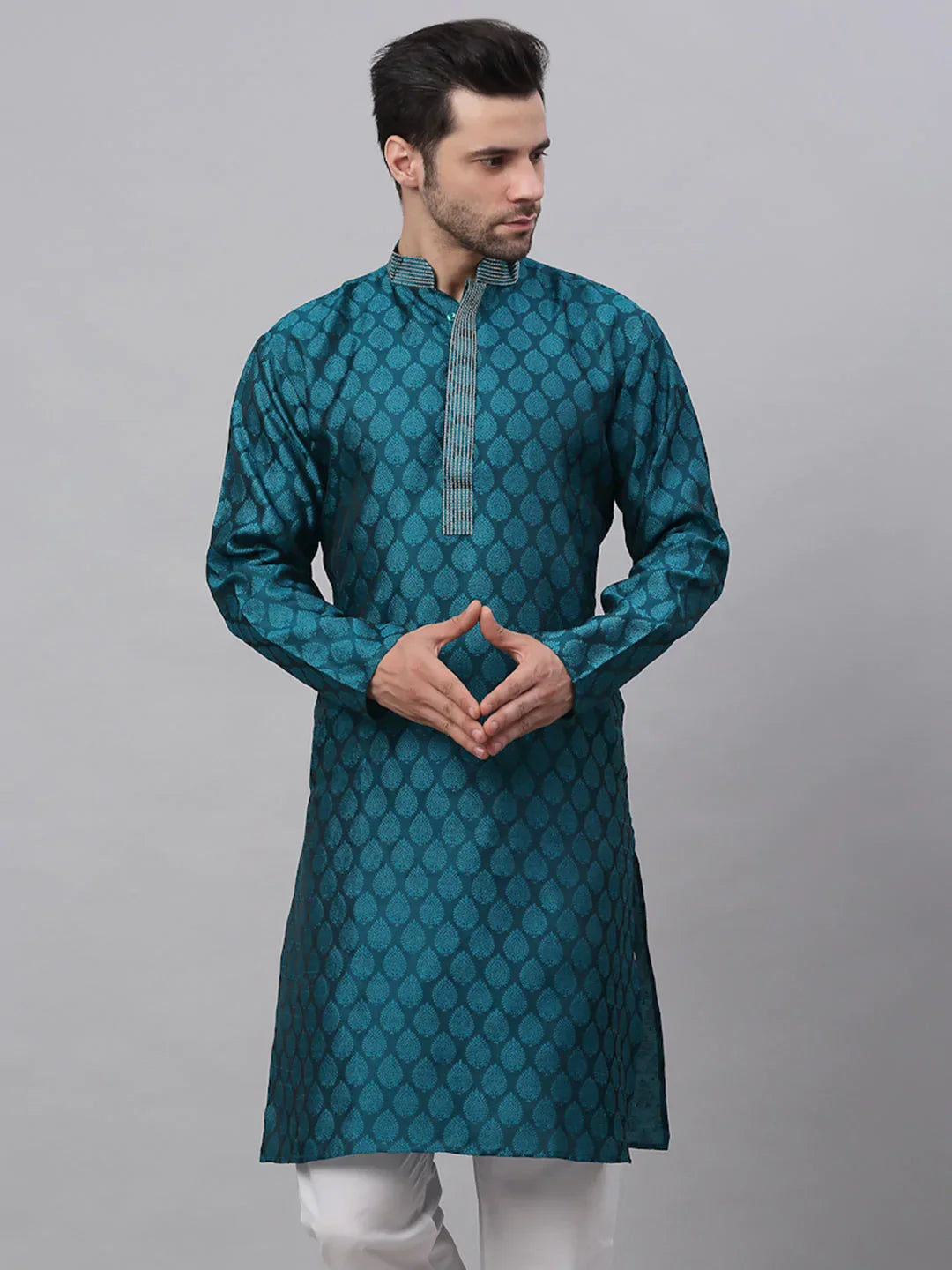 Jompers Men's Silk Blend Collar Embroidered Kurta only - Peacock