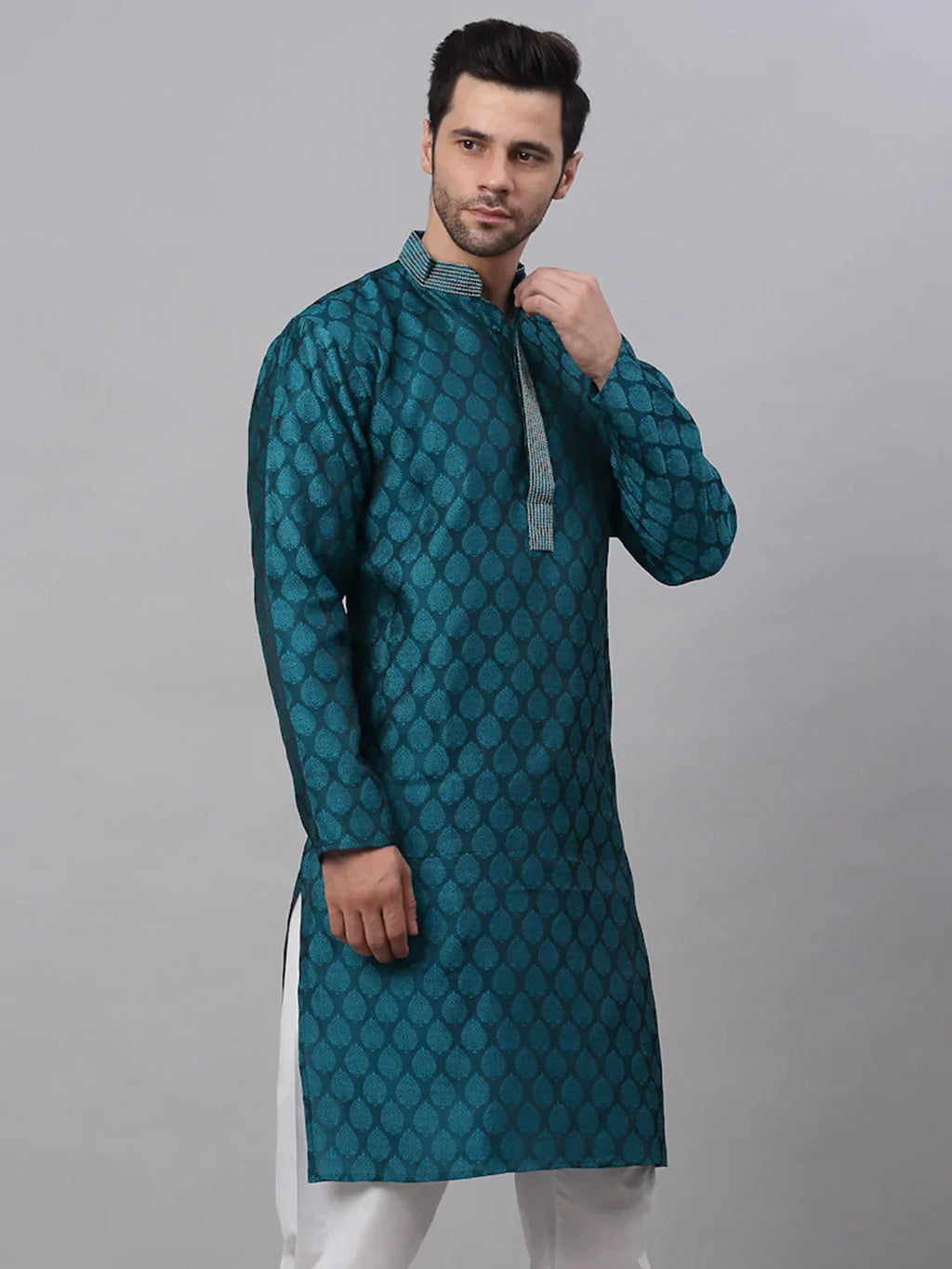 Jompers Men's Silk Blend Collar Embroidered Kurta only - Peacock