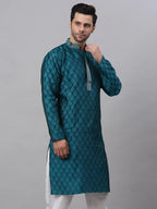 Jompers Men's Silk Blend Collar Embroidered Kurta only - Peacock