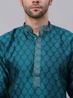 Jompers Men's Silk Blend Collar Embroidered Kurta only - Peacock