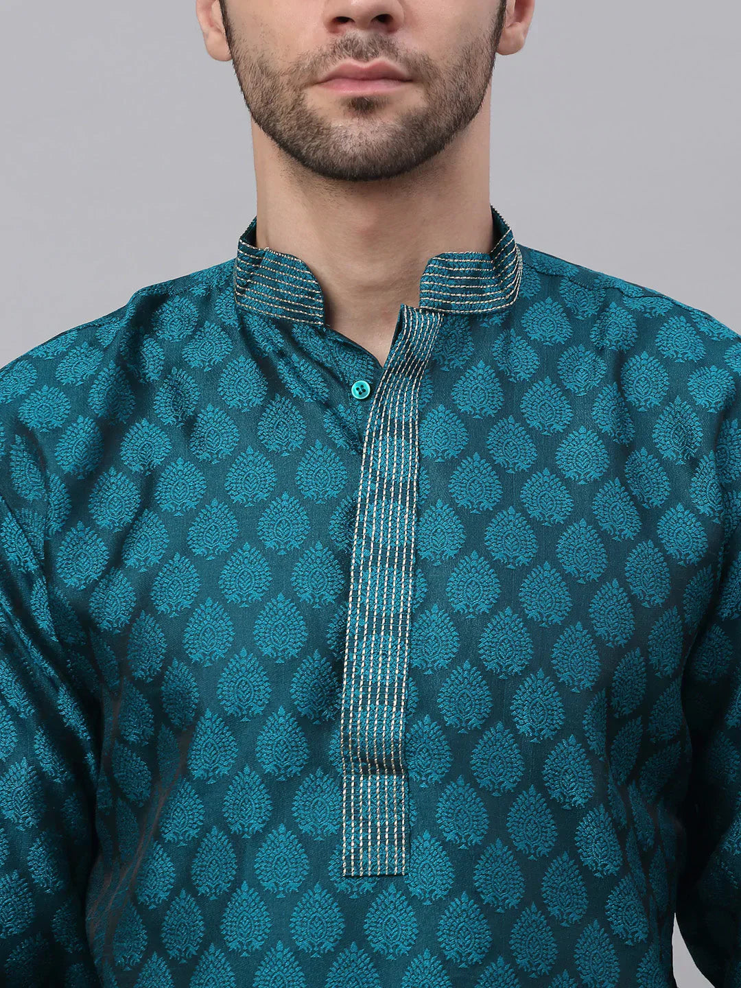 Jompers Men's Silk Blend Collar Embroidered Kurta only - Peacock