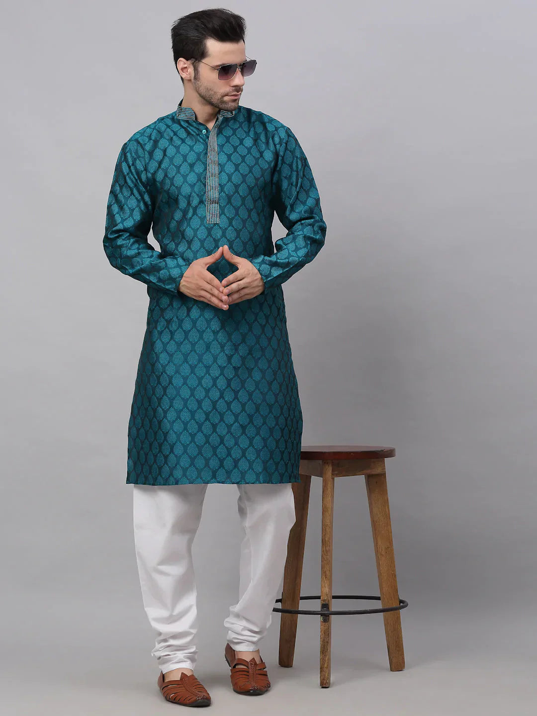 Jompers Men's Silk Blend Collar Embroidered Kurta only - Peacock