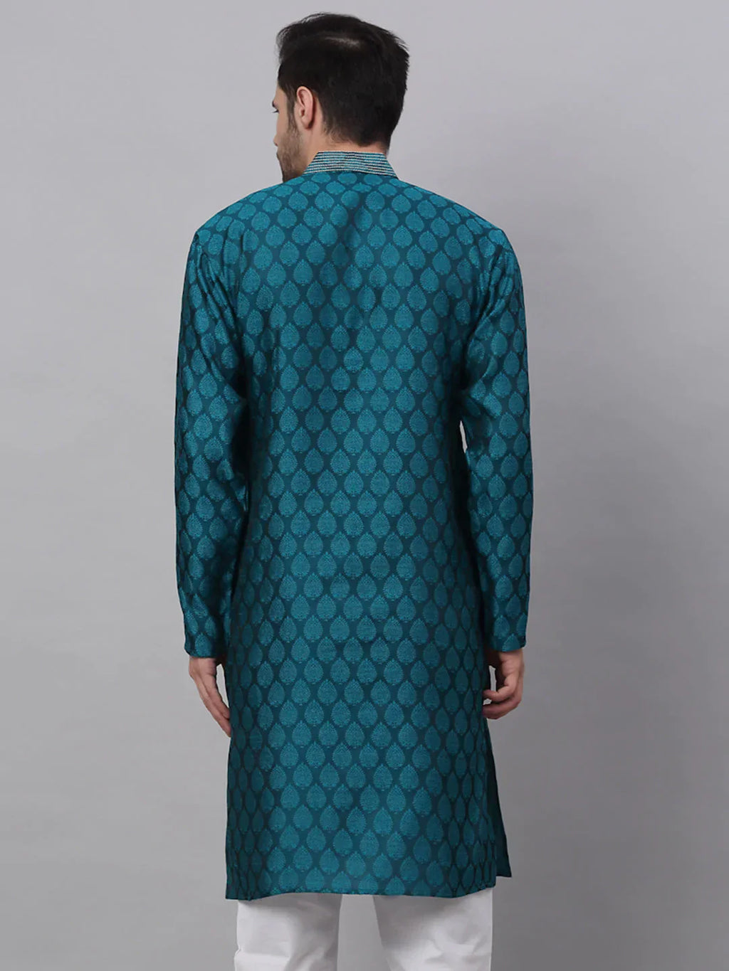 Jompers Men's Silk Blend Collar Embroidered Kurta only - Peacock