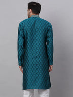 Jompers Men's Silk Blend Collar Embroidered Kurta only - Peacock