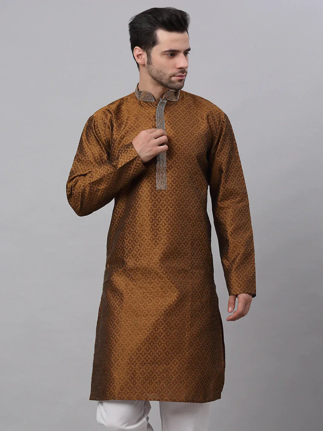 Jompers Men's Silk Blend Collar Embroidered Kurta only - Brown
