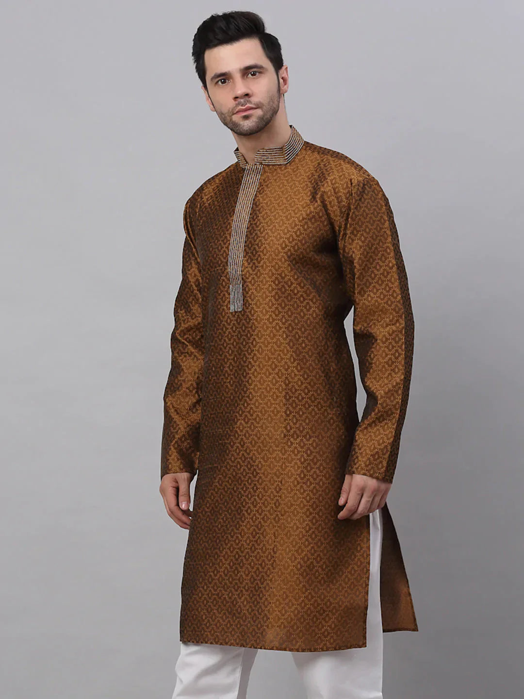 Jompers Men's Silk Blend Collar Embroidered Kurta only - Brown