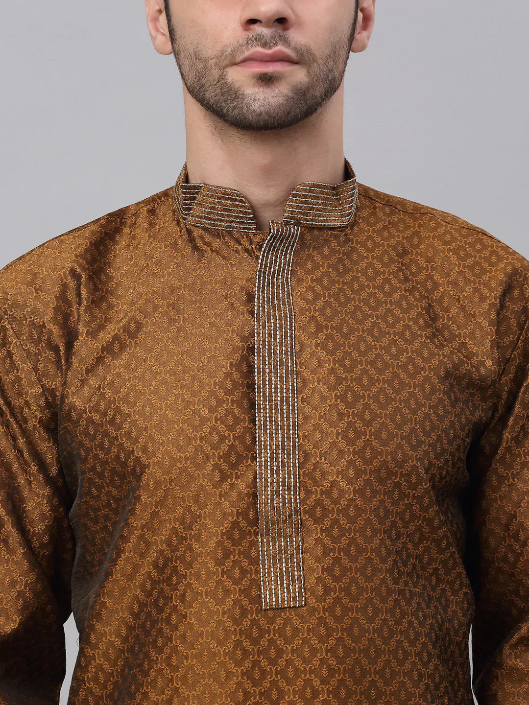 Jompers Men's Silk Blend Collar Embroidered Kurta only - Brown