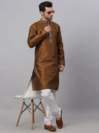 Jompers Men's Silk Blend Collar Embroidered Kurta only - Brown