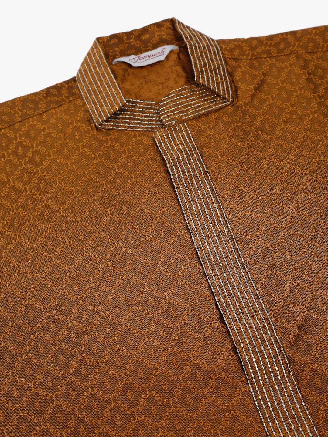 Jompers Men's Silk Blend Collar Embroidered Kurta only - Brown