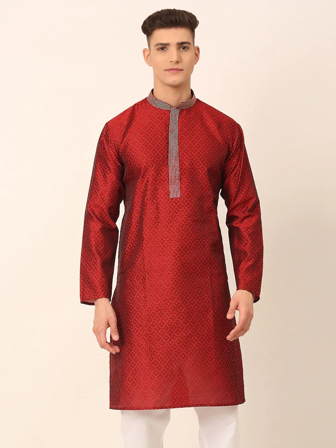 Jompers Men's Silk Blend Collar Embroidered Kurta only - Maroon