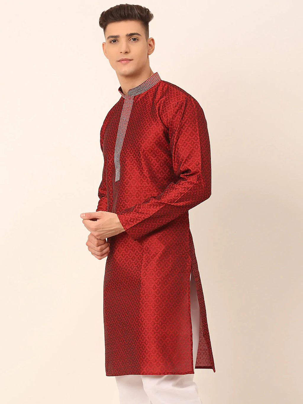Jompers Men's Silk Blend Collar Embroidered Kurta only - Maroon